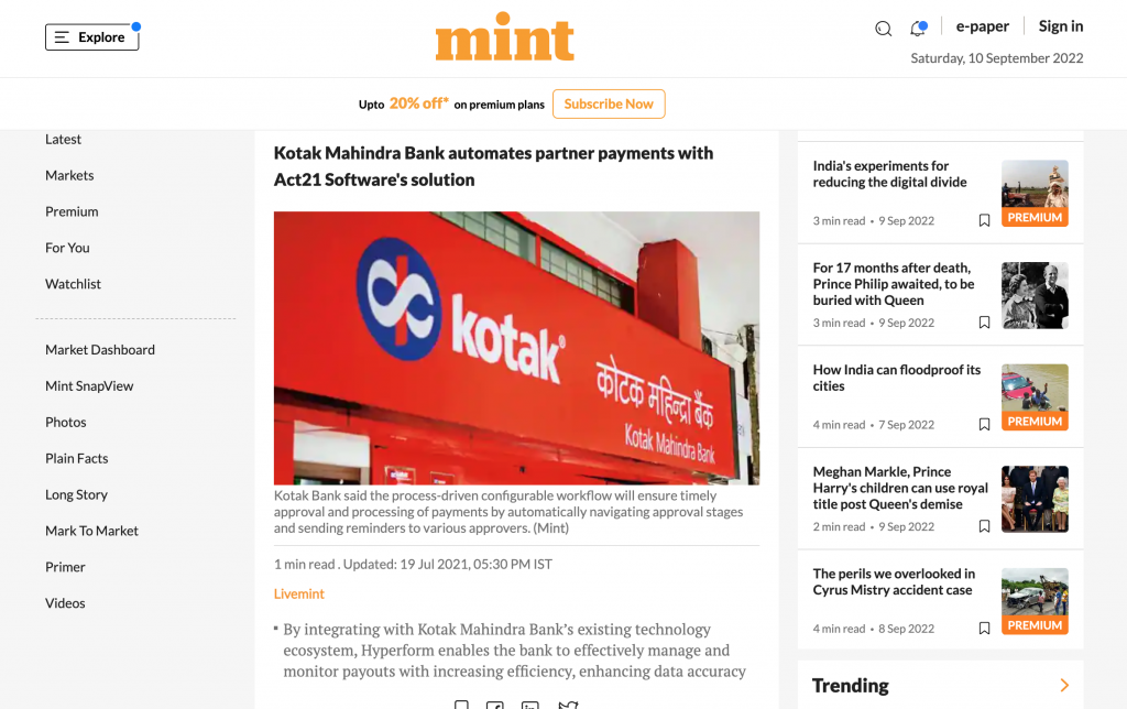 Kotak Mahindra Bank automates partner payments with Act21 Softwares solution
