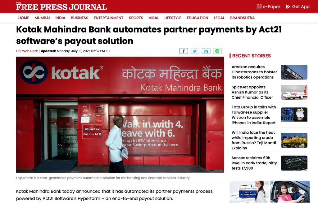 Kotak Mahindra Bank automates partner payments by Act21 softwares payout solution